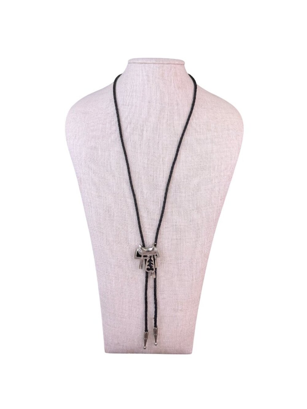 Silver-Toned & Black Western Enamel  Bolo Tie Braided Leather Cord Adjustable